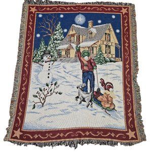 Vintage Winter Scene Snowman Children Home Scene Tapestry Throw‎ Blanket 50x60